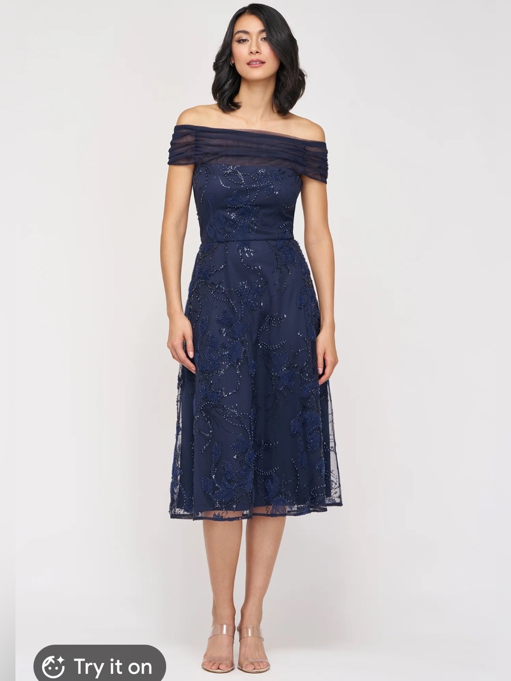 JS Collections Navy Off-Shoulder Beaded Midi Dress